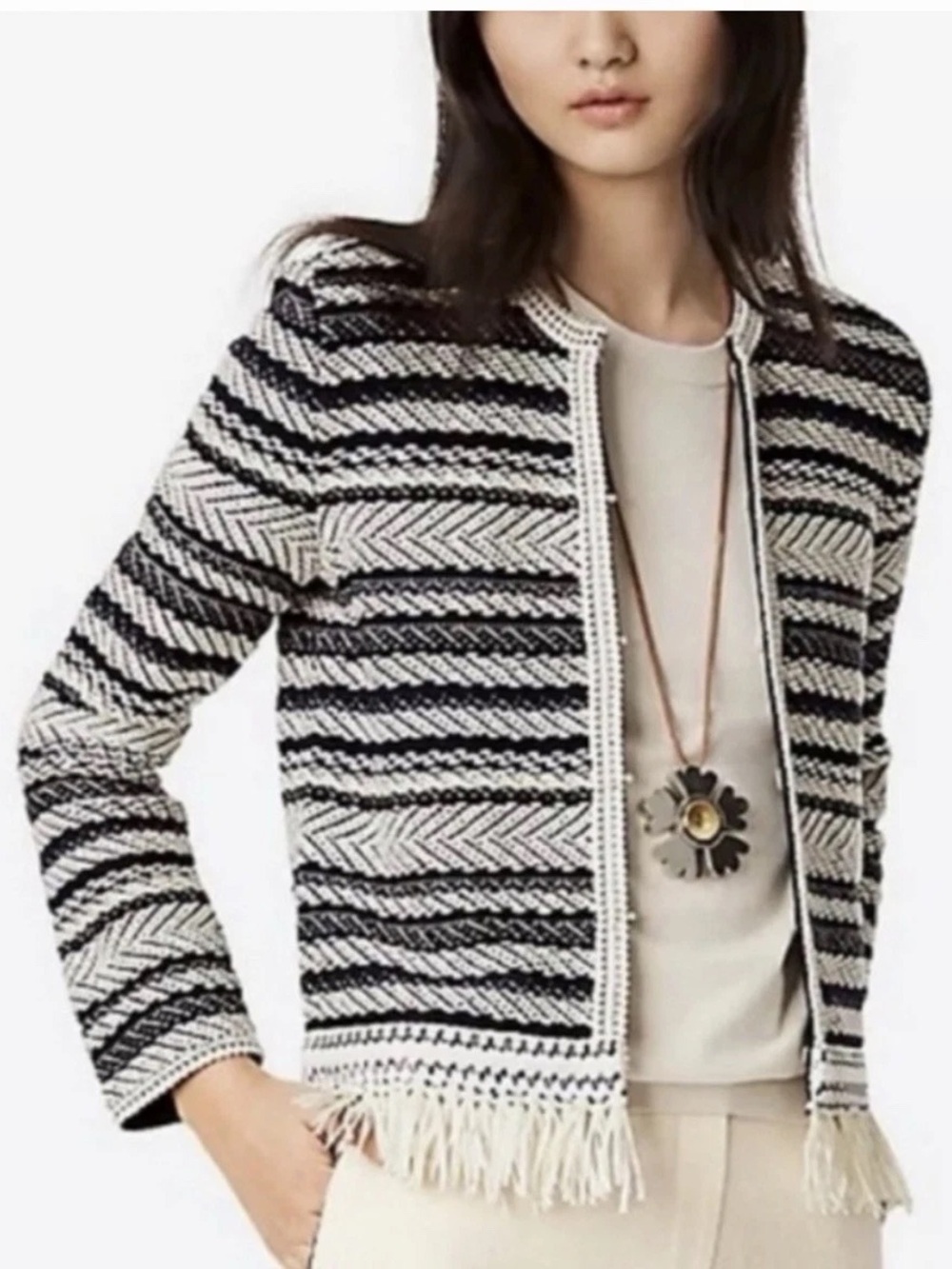 Tory Burch Striped Navy and Cream Fringe Knit Sweater Jacket